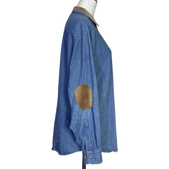 Vintage Brooks Brothers Denim Button Up Shirt Suede Leather Collar Elbow Patches - Picture 2 of 5